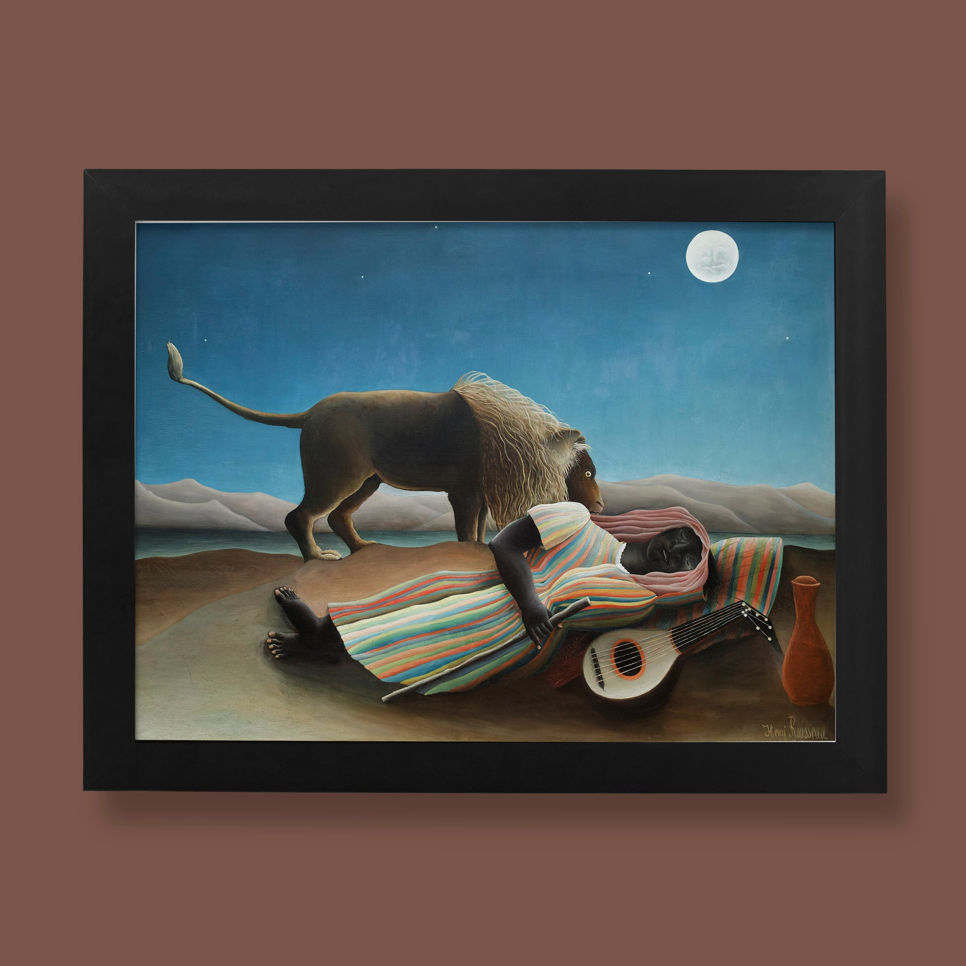 Henri Rousseau’s The Sleeping Gypsy art print featuring a lion and sleeping figure under a moonlit sky