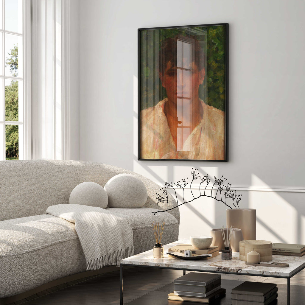 A beautiful Henry Scott Tuke framed art print of "Portrait of a Young Man with Open Collar" featured as a centerpiece in a luxury living room.