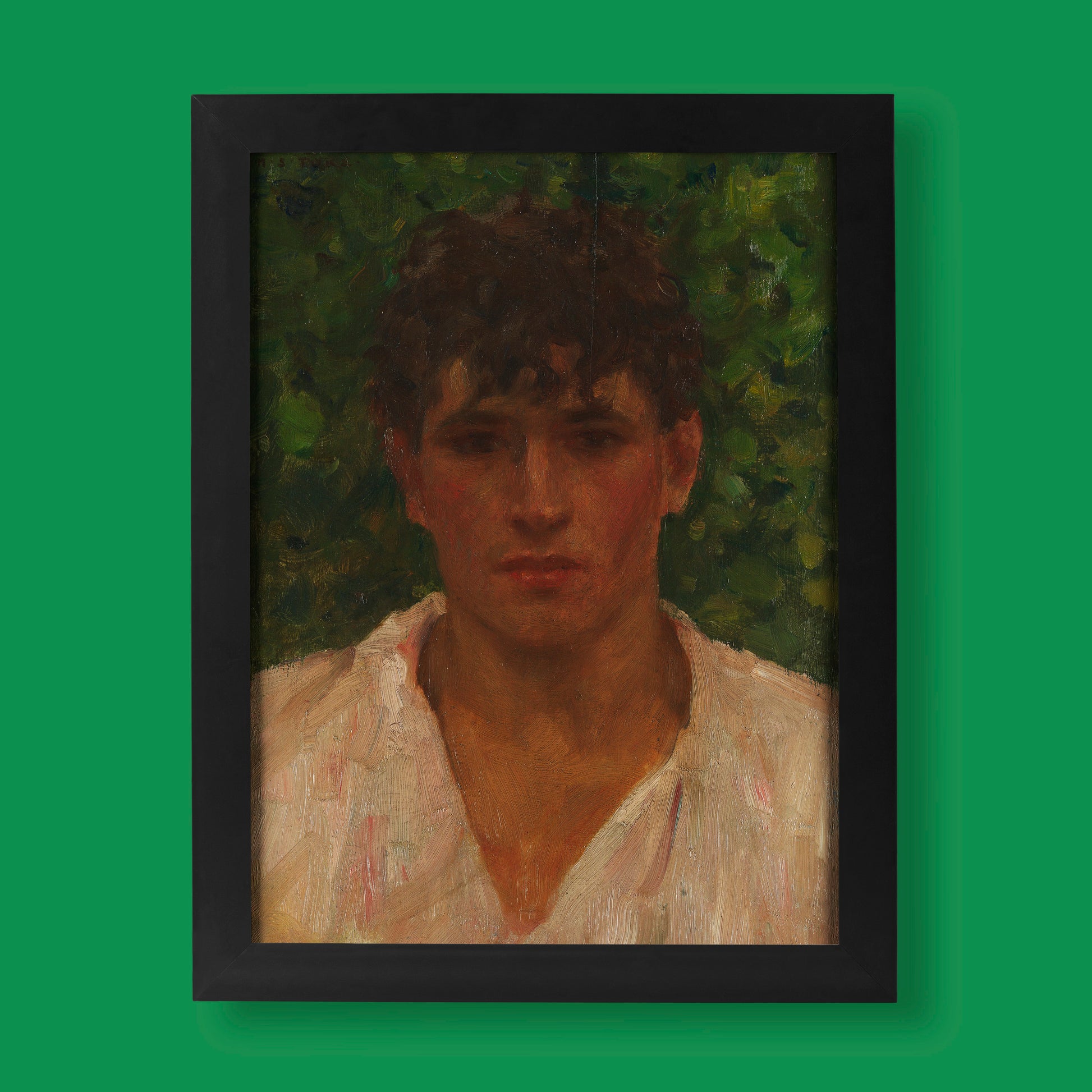 A beautiful fine art print of Henry Scott Tuke's "Portrait of a Young Man with Open Collar," showcasing the vivid colors and details of the original oil painting.