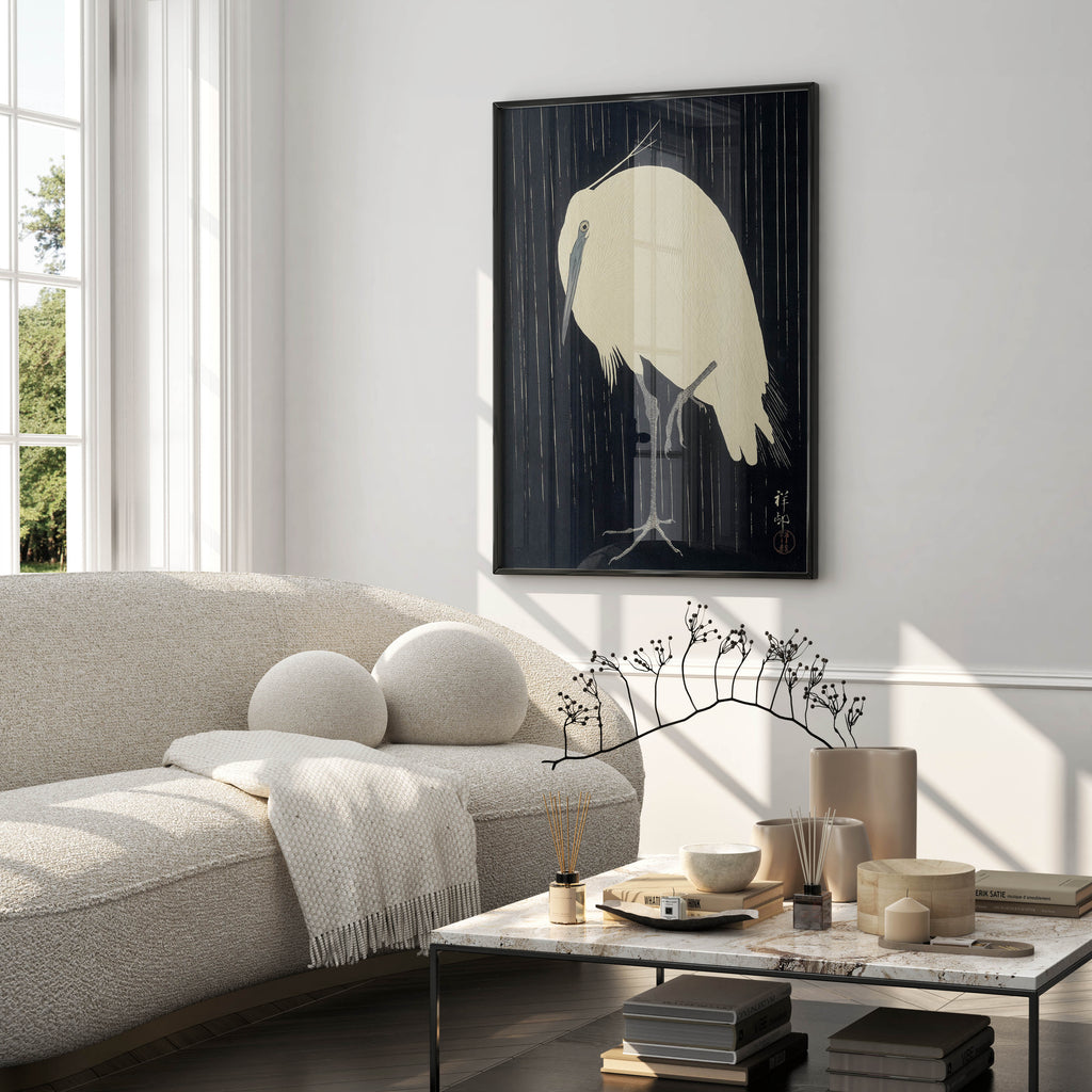 Vintage-style Japanese heron print, black and cream wall art inspired by traditional woodblock design
