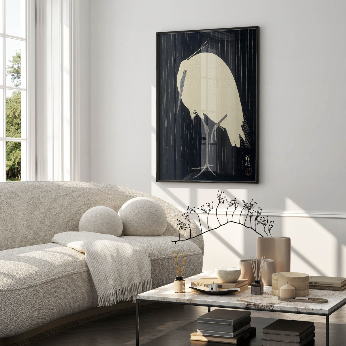 Vintage-style Japanese heron print, black and cream wall art inspired by traditional woodblock design