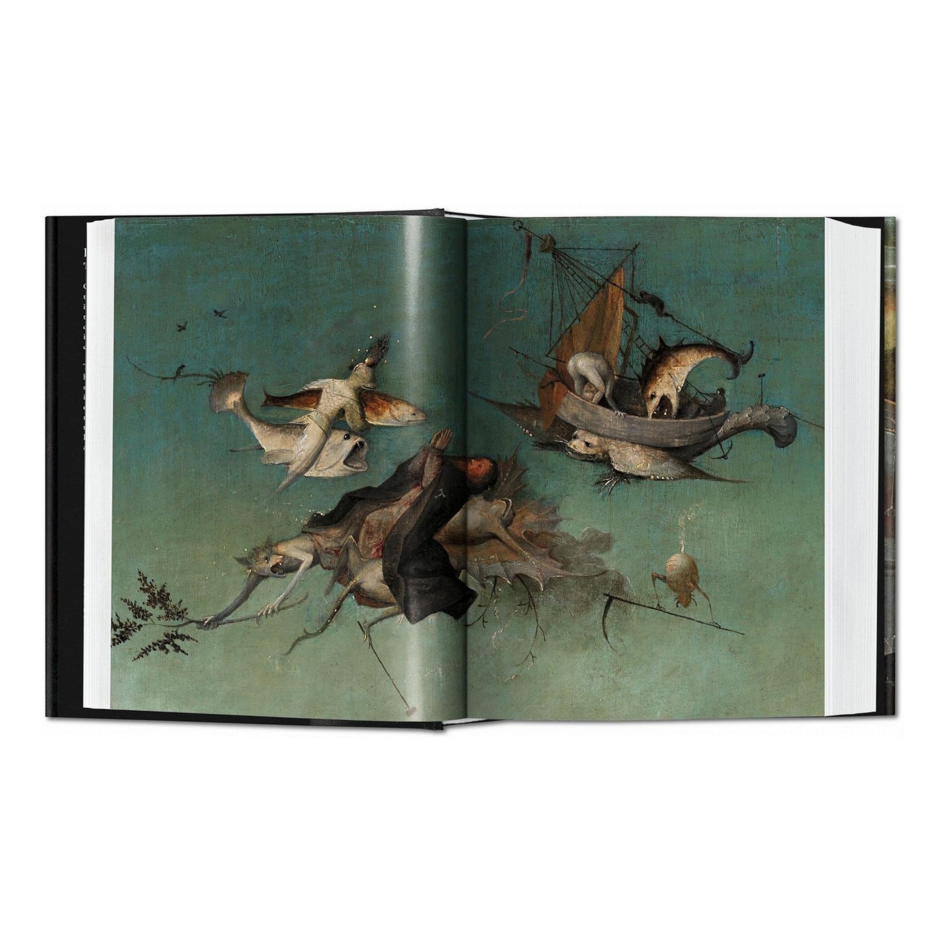 A detailed spread from the luxury art book showcasing a grotesque, flying scene from Hieronymus Bosch's The Temptation of St. Anthony.