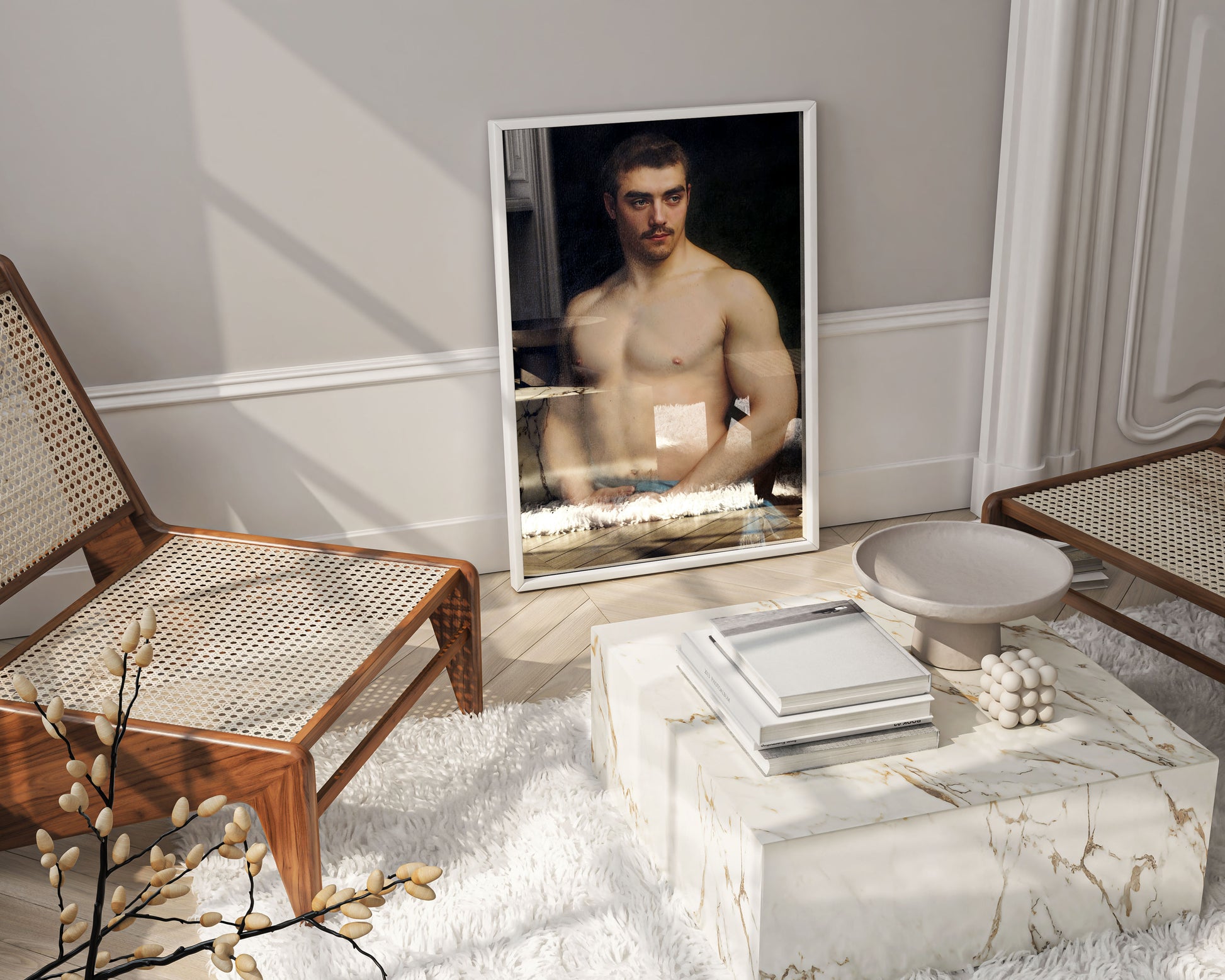 A high-end wall art piece featuring the iconic Maurice Deriaz portrait by Gustave Courtois, perfectly framed and styled as a central feature in sophisticated living room decor.