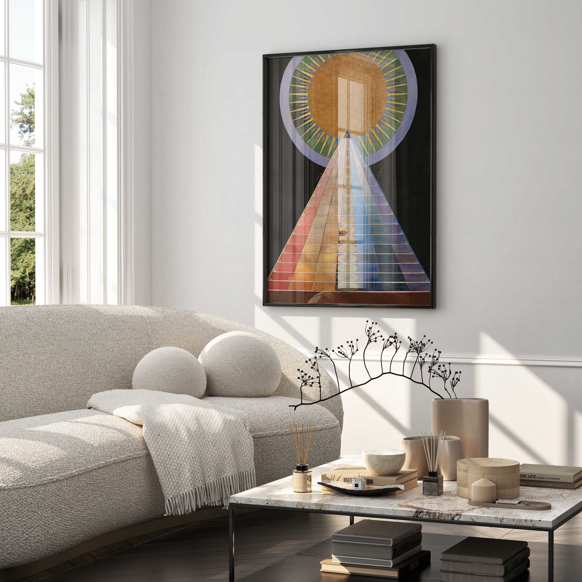 Framed Hilma af Klint "Altarpiece, No. 1" abstract art print displayed in a luxury minimalist living room, showcasing a perfect blend of modern interior design and historical fine art.