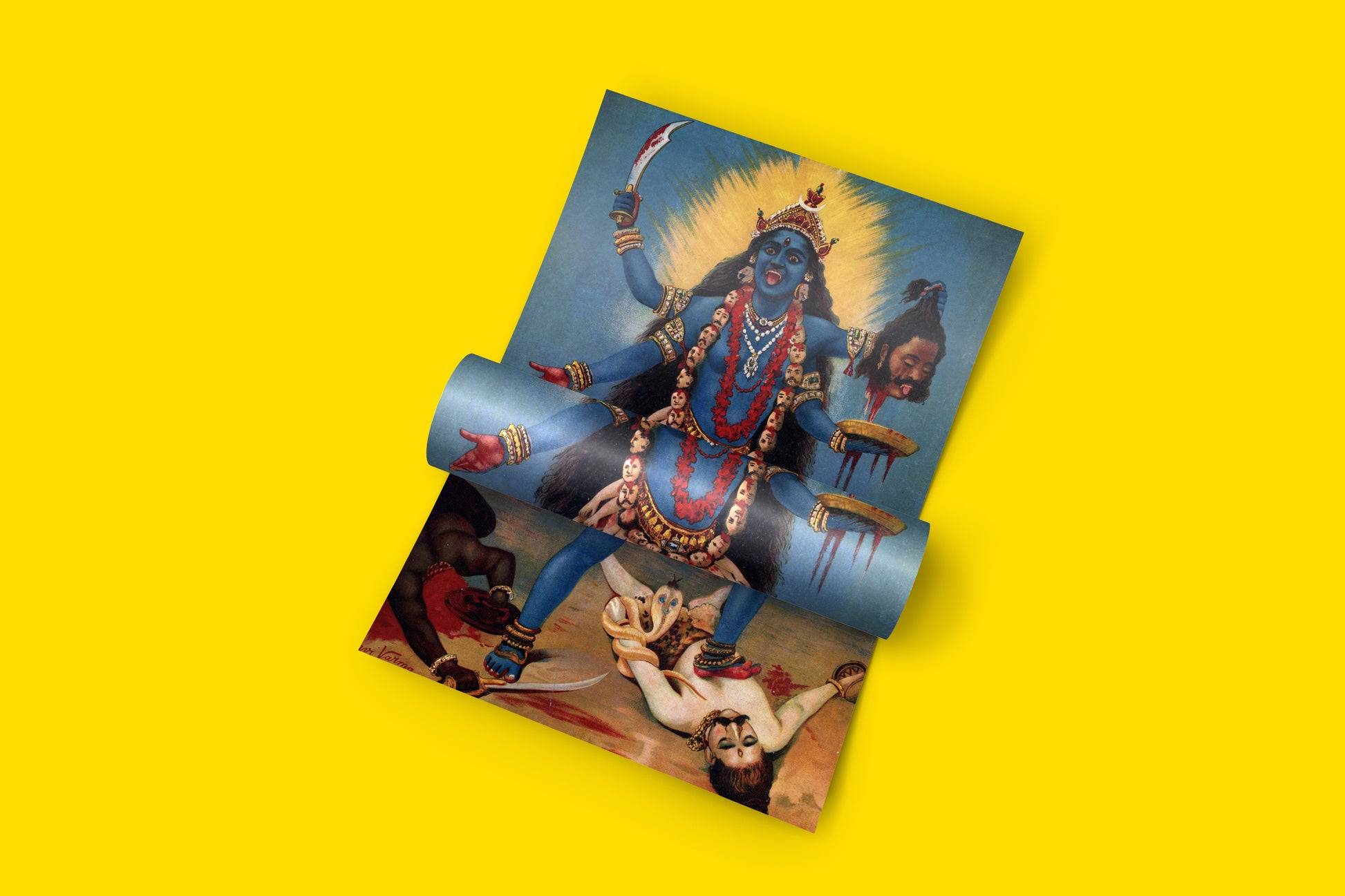 Colourful and detailed Indian mythological painting reproduction of Goddess Kali, ideal for art collectors and home decor.