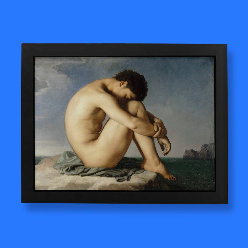 Hippolyte Flandrin's iconic "Study of a Young Male Nude Seated Beside the Sea" painting from the Louvre, a beautiful example of 19th-century fine art and neoclassical portraiture.