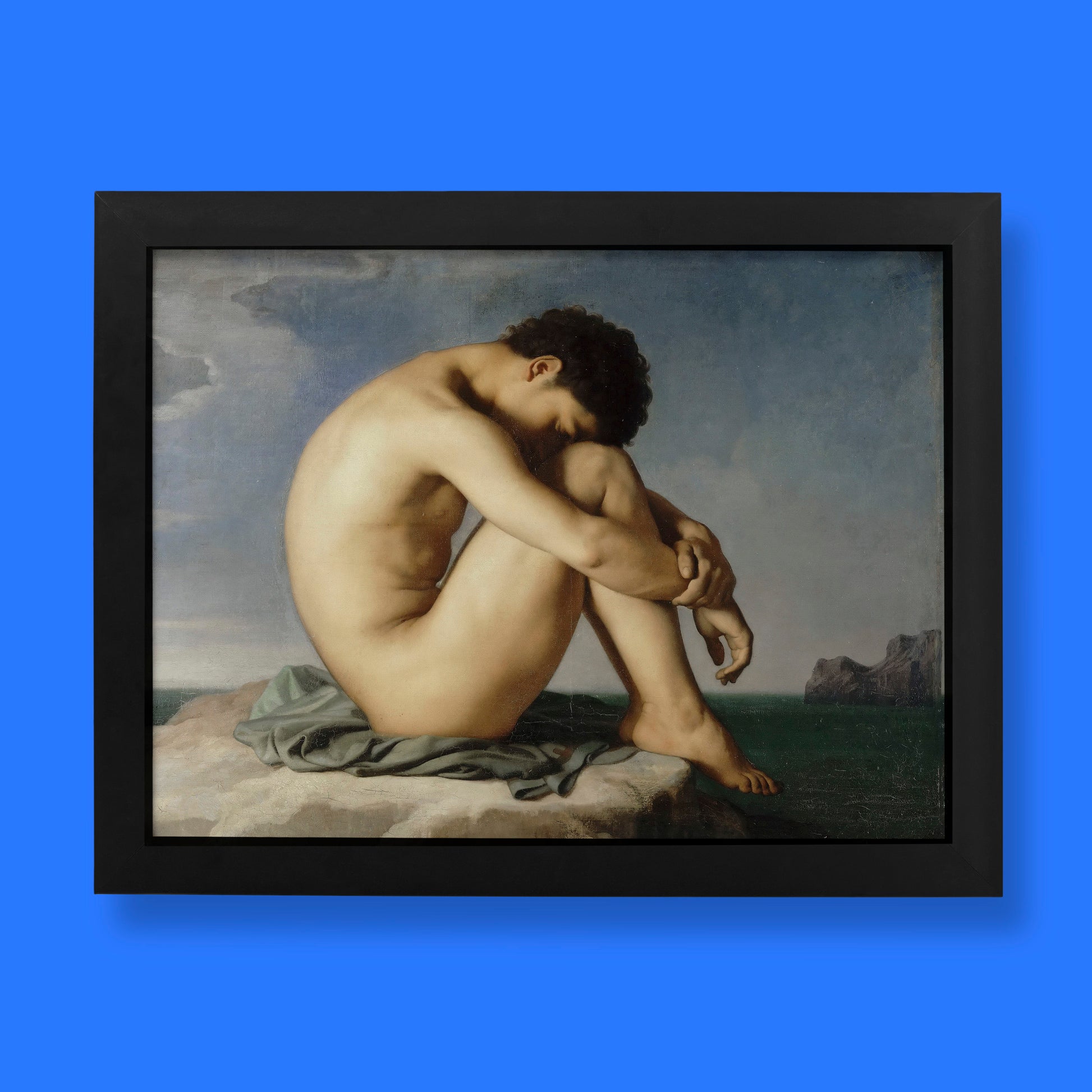 Hippolyte Flandrin's iconic "Study of a Young Male Nude Seated Beside the Sea" painting from the Louvre, a beautiful example of 19th-century fine art and neoclassical portraiture.