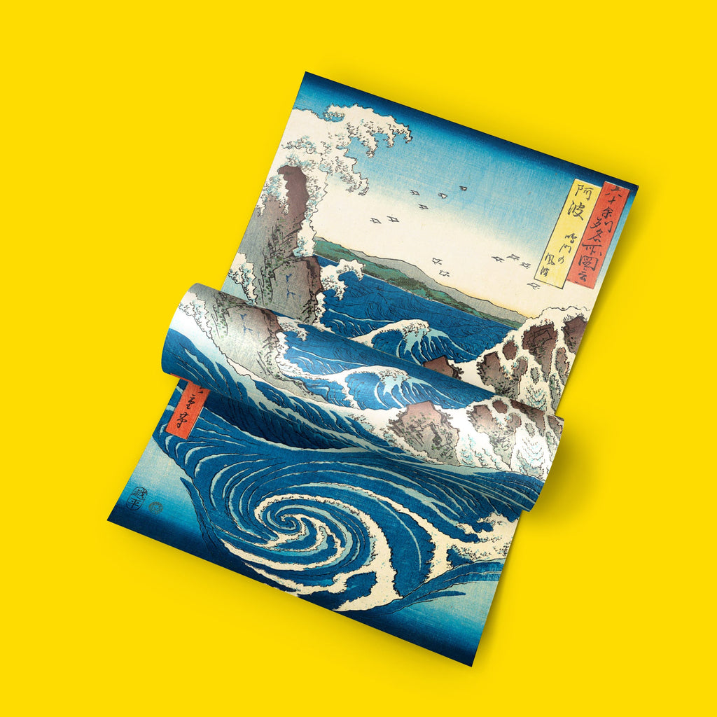 Japanese woodblock print of Naruto Whirlpool by Hiroshige, premium giclée art print with vivid blue tones, perfect for modern wall art decor