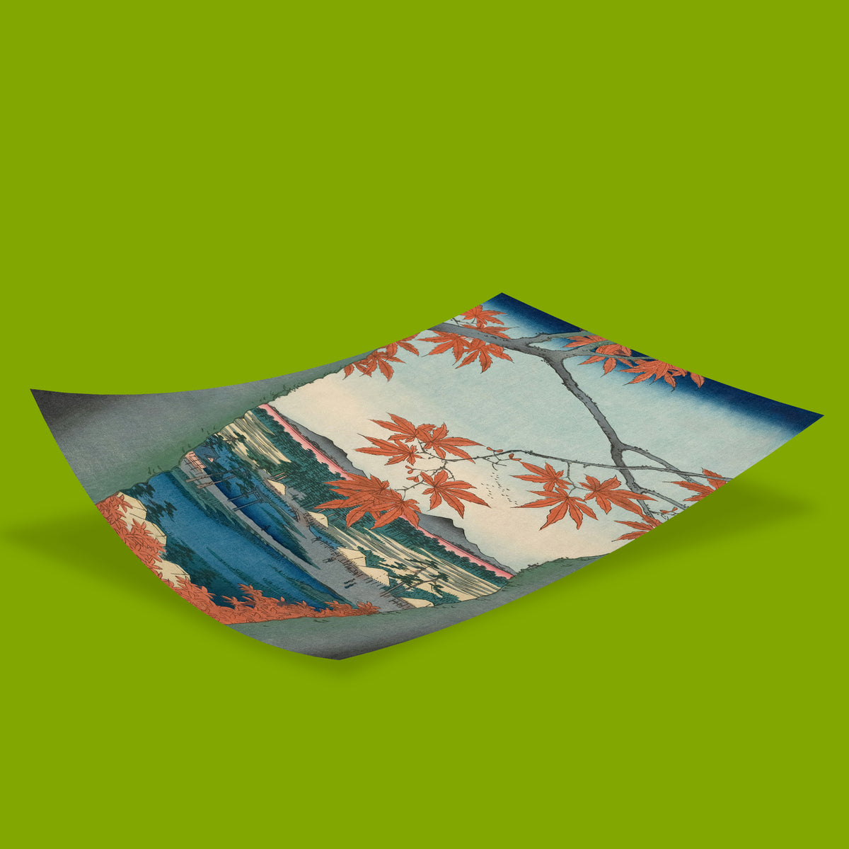 Close-up of vivid red-orange maple leaves in Hiroshige’s Japanese woodblock print, autumn wall art