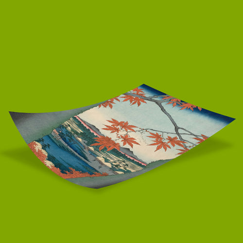 Close-up of vivid red-orange maple leaves in Hiroshige’s Japanese woodblock print, autumn wall art