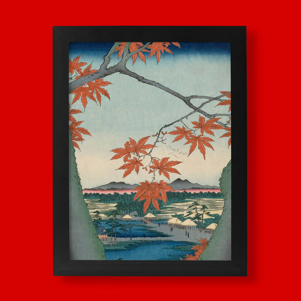 Hiroshige Maple Trees at Mama, Tekona Shrine and Lined Bridge ukiyo-e fine art print by ART SNOB