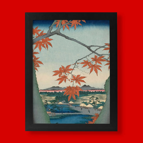 Hiroshige Maple Trees at Mama, Tekona Shrine and Lined Bridge ukiyo-e fine art print by ART SNOB