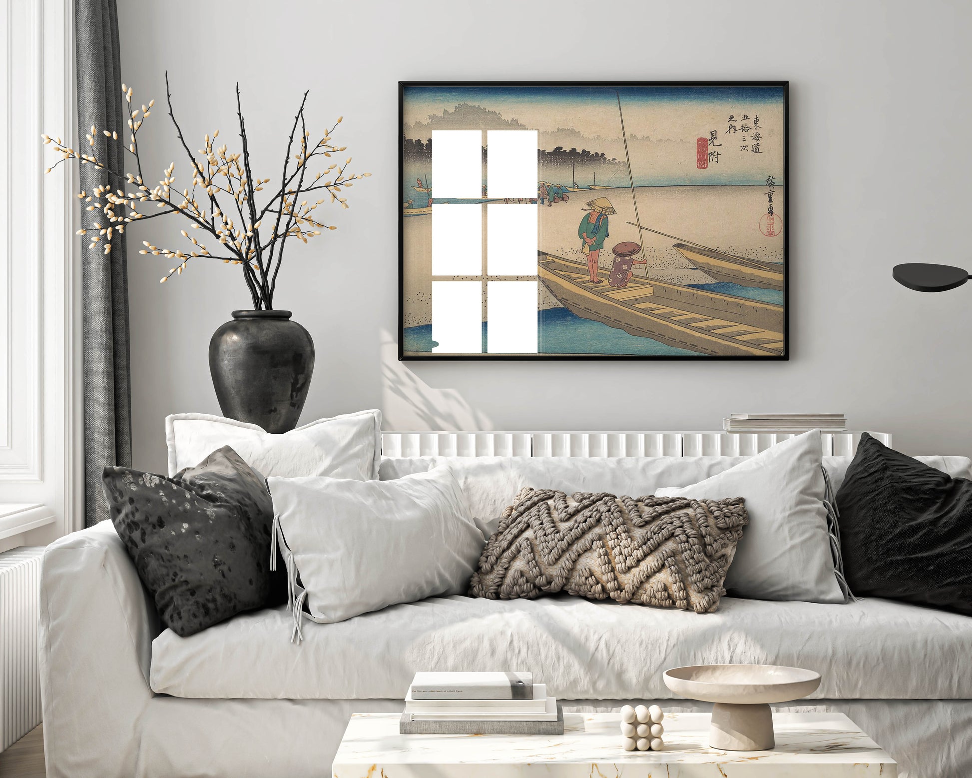 Framed Hiroshige Mitsuke Tenryugawa Japanese art print displayed as elegant wall art in modern interior, showing ferry boats crossing river in classic ukiyo-e style