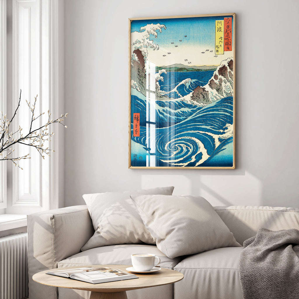 Framed Utagawa Hiroshige Naruto Whirlpool art print displayed as elegant wall art, premium Japanese ukiyo-e landscape in modern interior setting