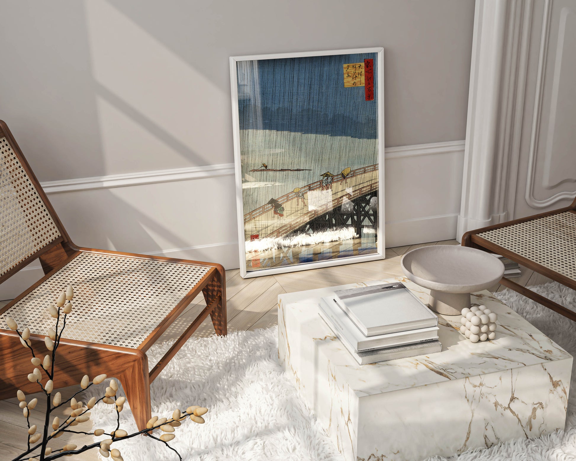 A stunning framed giclée print of Utagawa Hiroshige's Sudden Shower over Shin-Ohashi Bridge and Atake displayed as a sophisticated wall art centerpiece in a luxury living room.