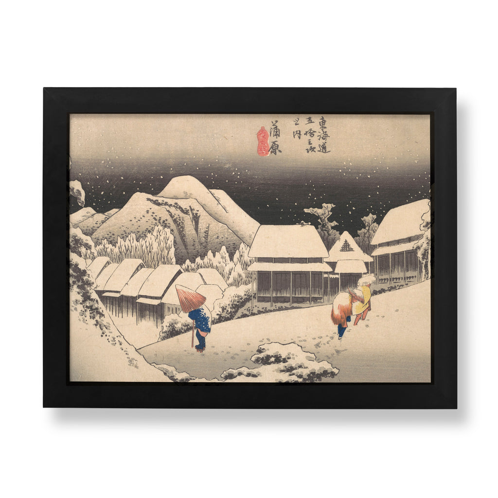 Hiroshige's iconic A Snowy Evening at Kambara Station print, a masterpiece of Japanese Ukiyo-e art from the Fifty-three Stations of the Tōkaidō series, perfect for fine art collectors.