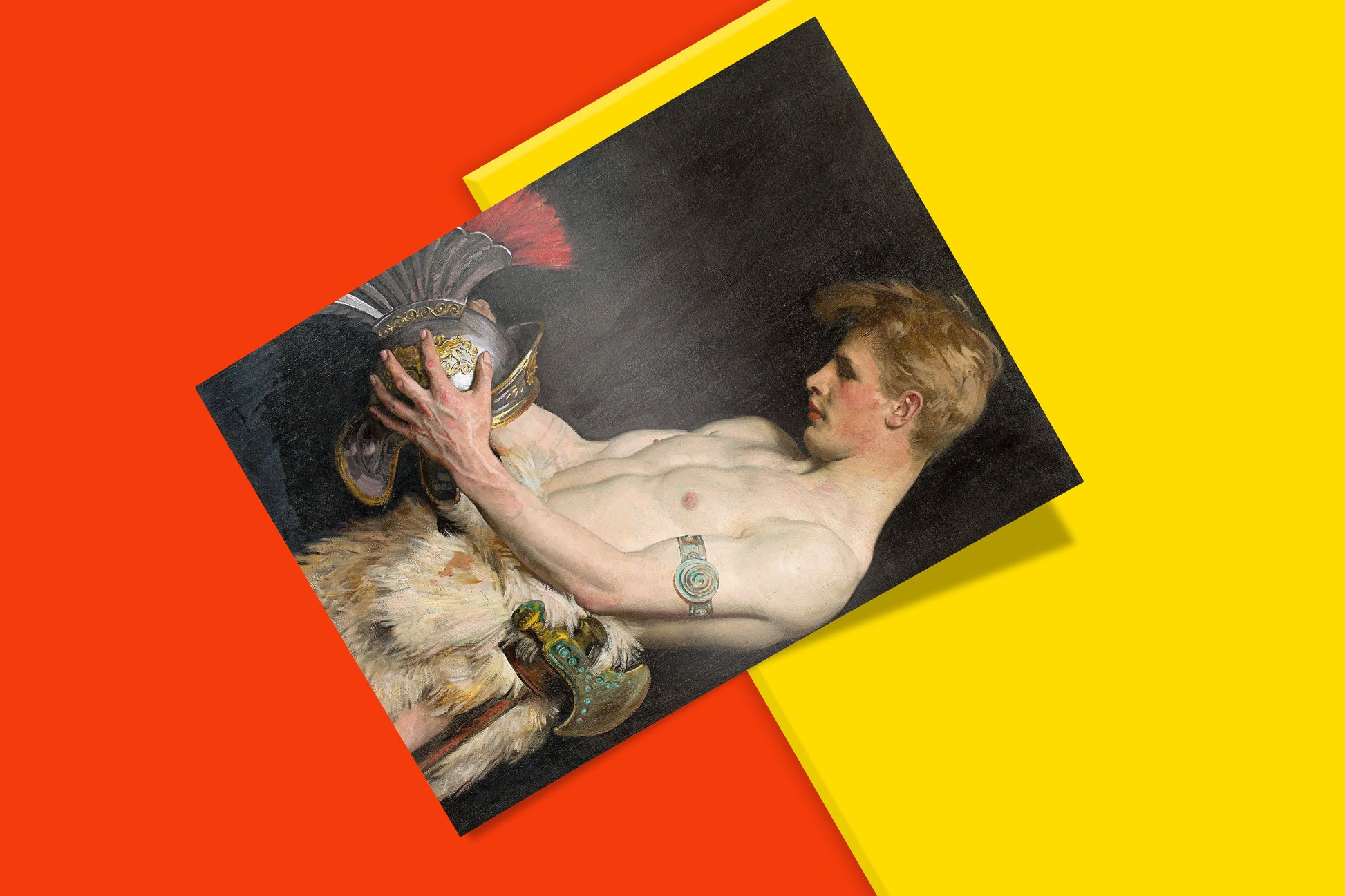Captivating historical art print featuring a blonde Germanic warrior holding his helmet, elegant wall decor.