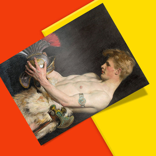 Captivating historical art print featuring a blonde Germanic warrior holding his helmet, elegant wall decor.