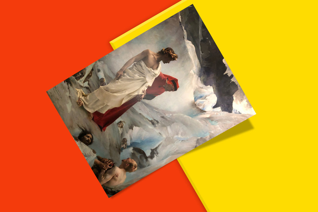 Reproduction print of the famous 19th-century painting by Gustave Courtois, 'Dante and Virgil in the Underworld,' ideal for art collectors and history enthusiasts.