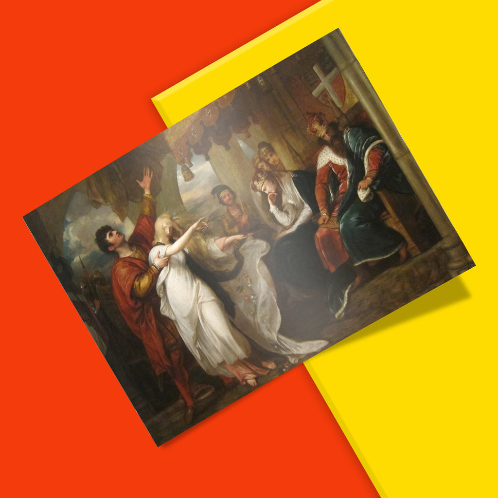 A vibrant giclée fine art poster of Ophelia and Laertes with a smooth matte finish, showing high-definition 350 dpi clarity.