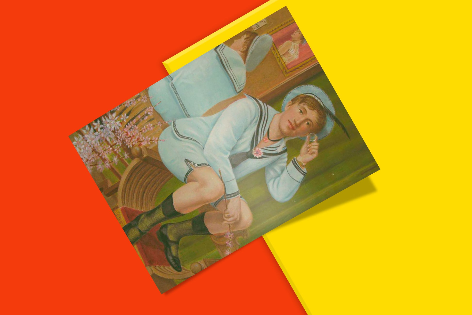 A fine art print depicting a painting by queer artist Elisàr von Kupffer, showing the artist seated in a room with a painting in the background and floral arrangements, representing the Clarism movement.