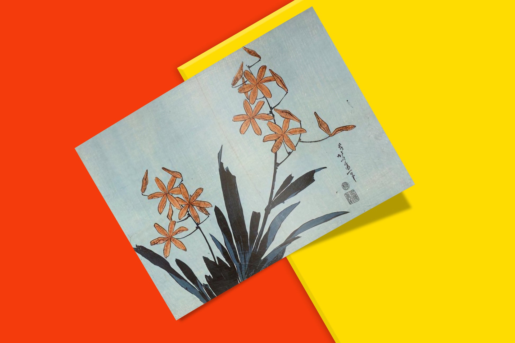 Hokusai Orange Orchids botanical art print from 1832-1834 Large Flowers series, museum quality ukiyo-e reproduction for home decor