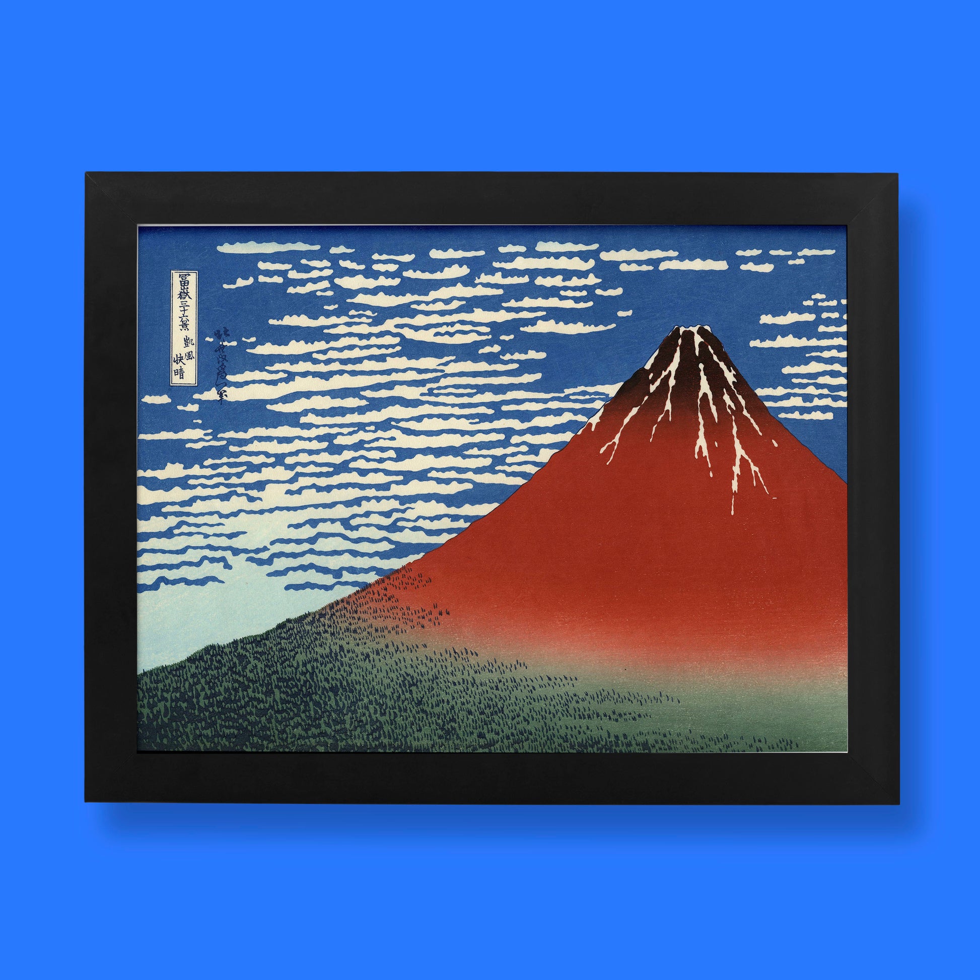 Fine Wind, Clear Morning art print by Hokusai showing red Mount Fuji under a clear blue sky.