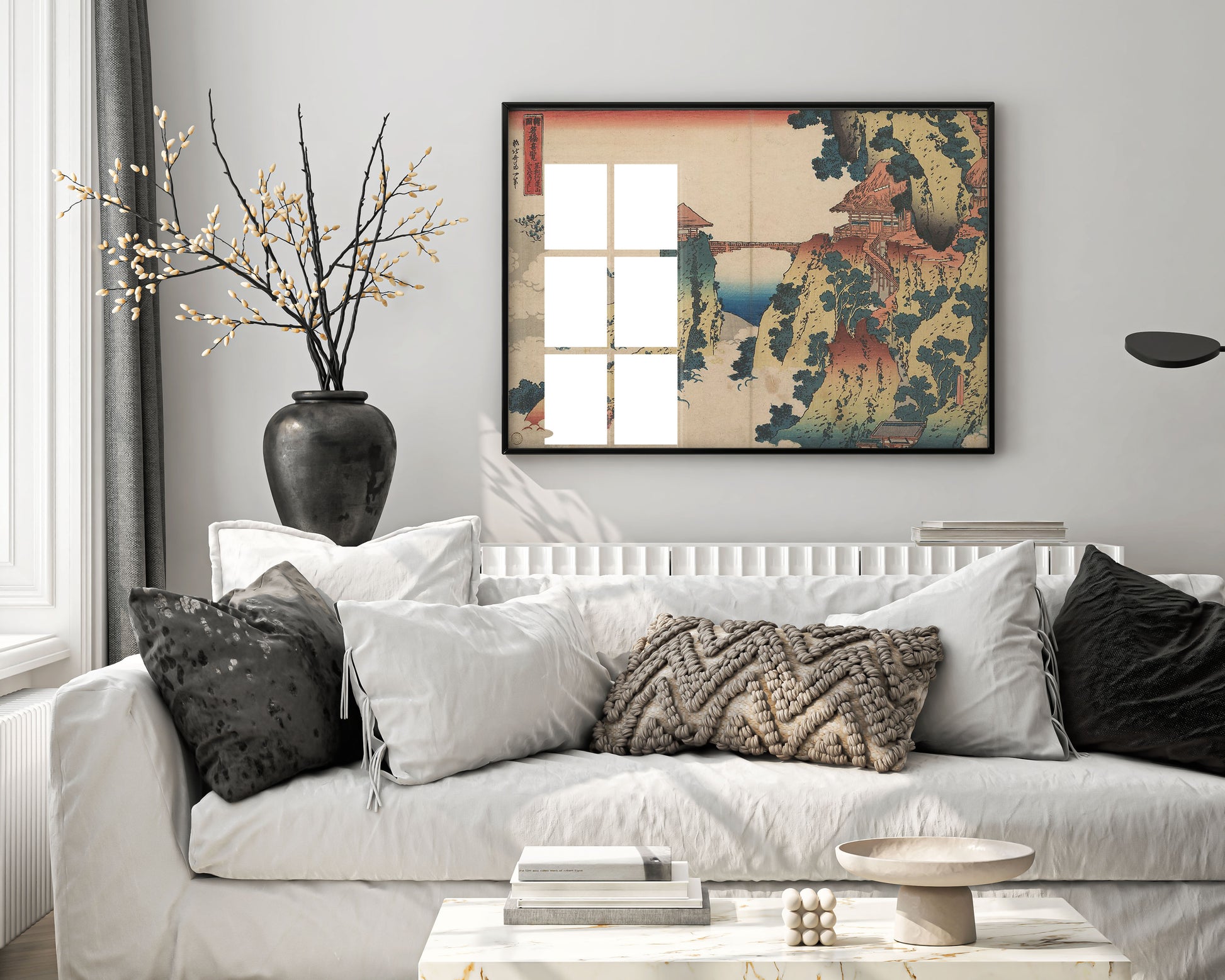 Hokusai's Hanging-Cloud Bridge at Mount Gyodo framed art print displayed as sophisticated wall art in modern interior, showing Japanese woodblock masterpiece in elegant frame for home decor inspiration