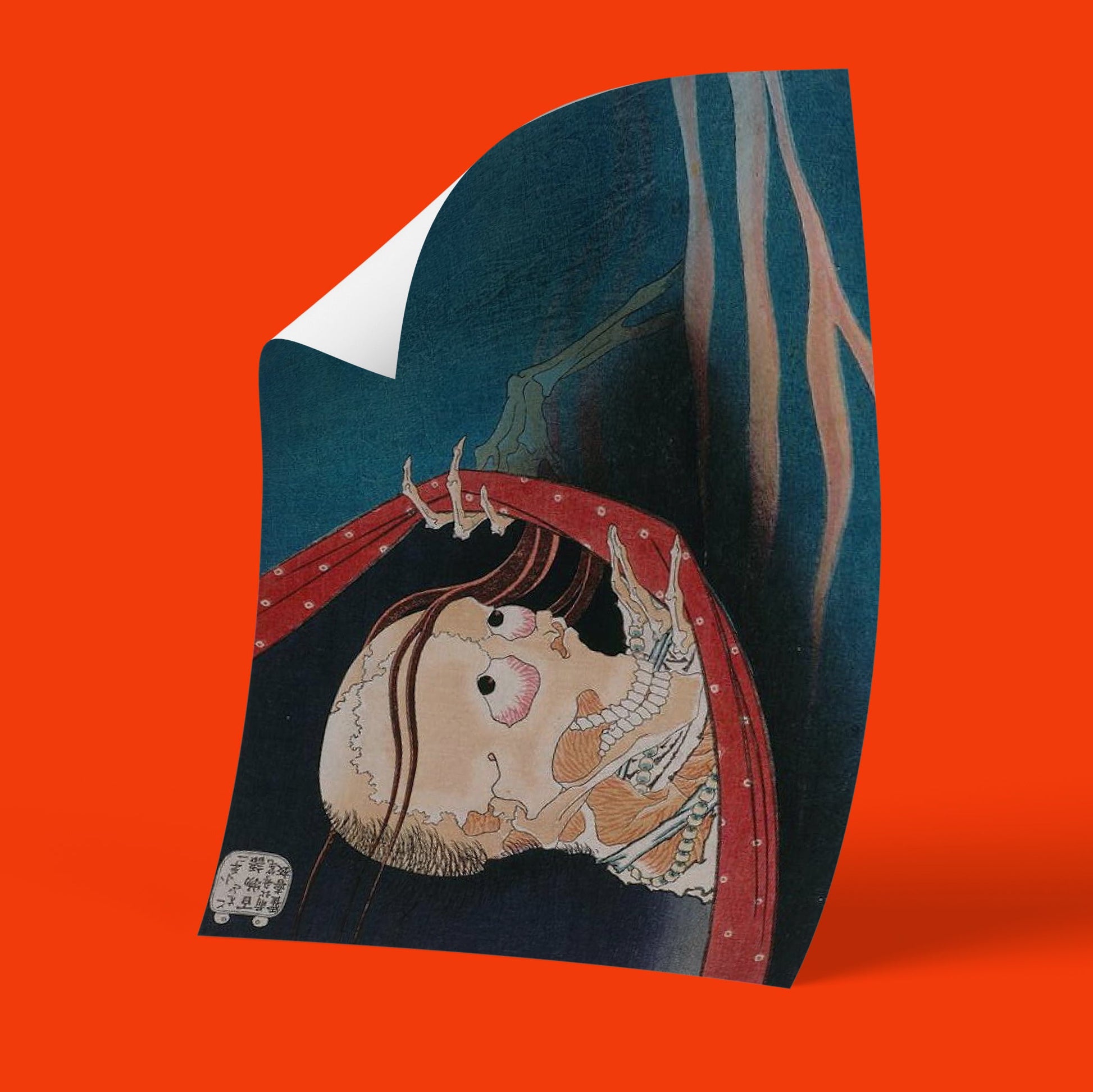 Museum quality giclée reproduction of Hokusai horror artwork The Phantom of Kohada Koheiji, iconic Japanese ghost print featuring dramatic composition with skeletal figure and vibrant period colours