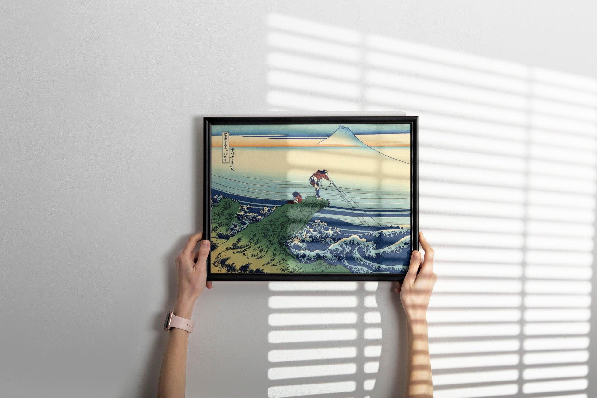 Premium framed reproduction of Hokusai's famous Kajikazawa woodblock print featuring blue waves and Mount Fuji, perfect statement wall art for living room or office decor
