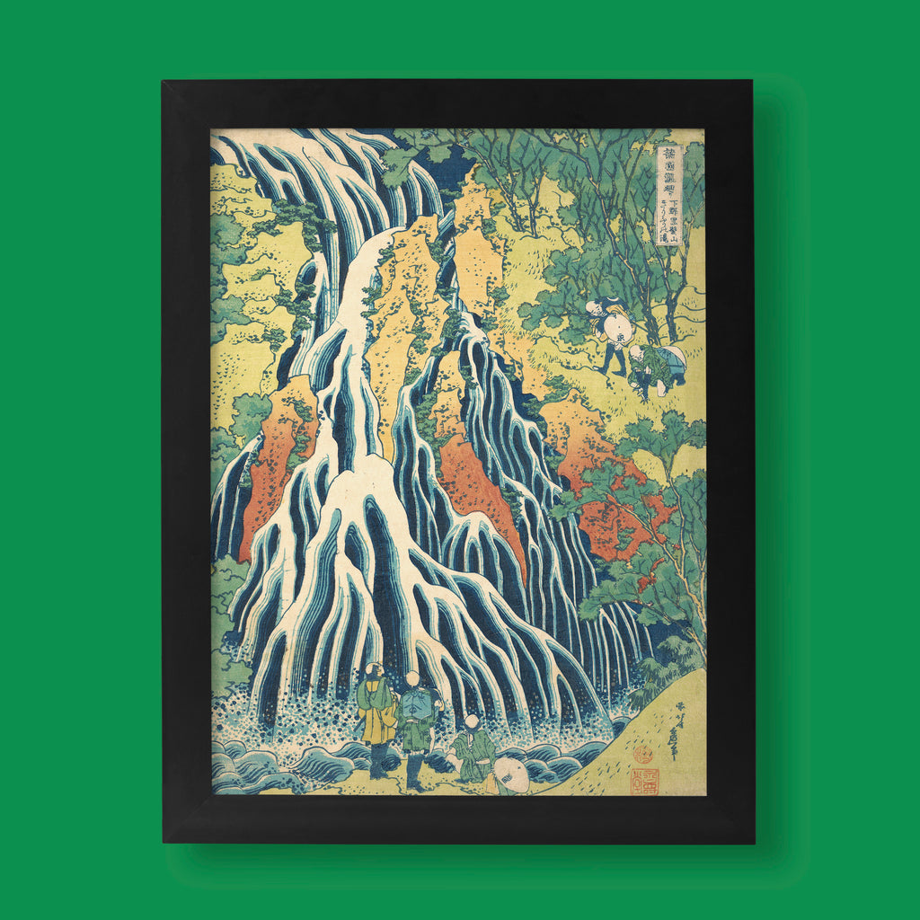 Hokusai Kirifuri Waterfall Japanese art print featuring dramatic blue and white cascading water with small figures, perfect ukiyo-e wall art for modern interiors