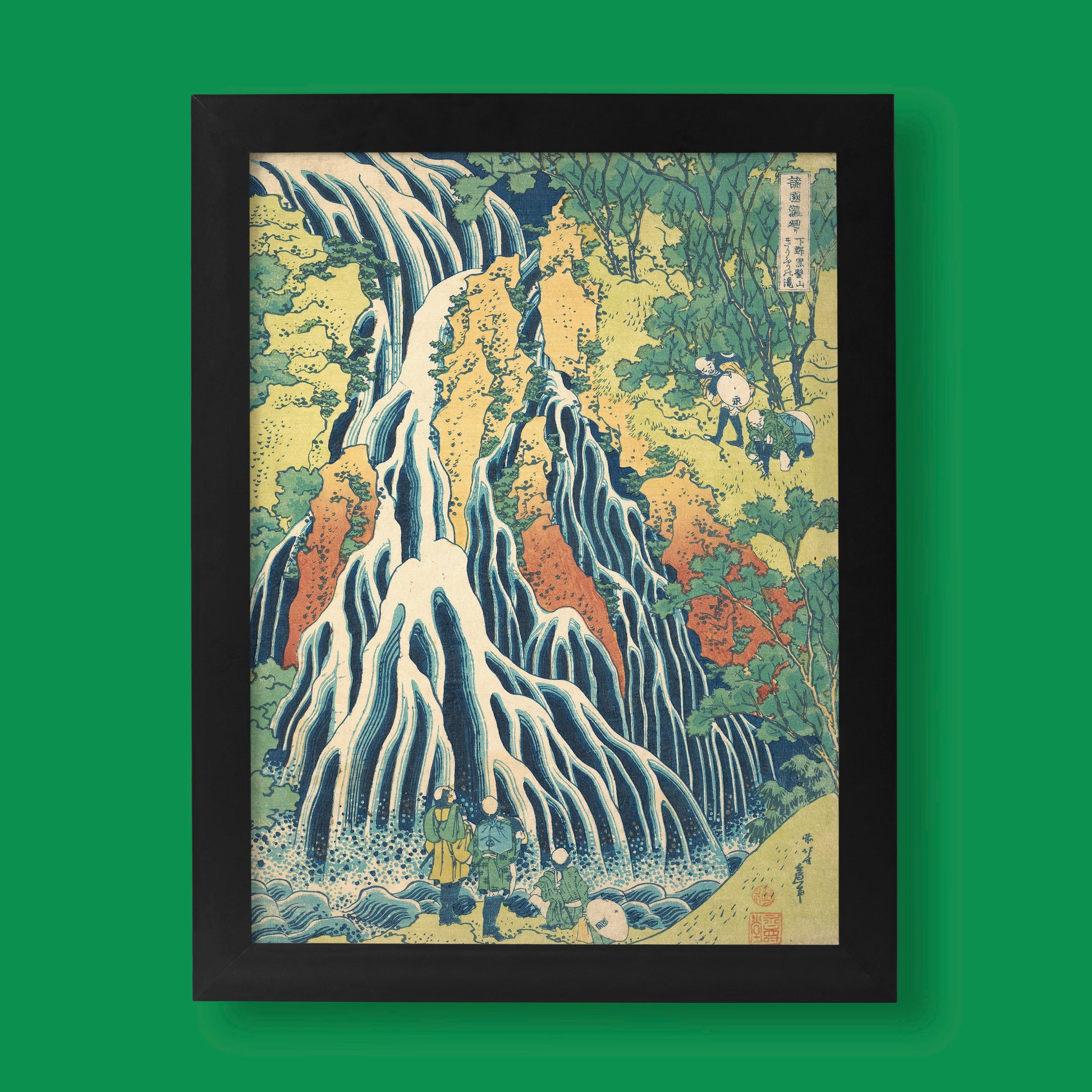 Hokusai Kirifuri Waterfall Japanese art print featuring dramatic blue and white cascading water with small figures, perfect ukiyo-e wall art for modern interiors