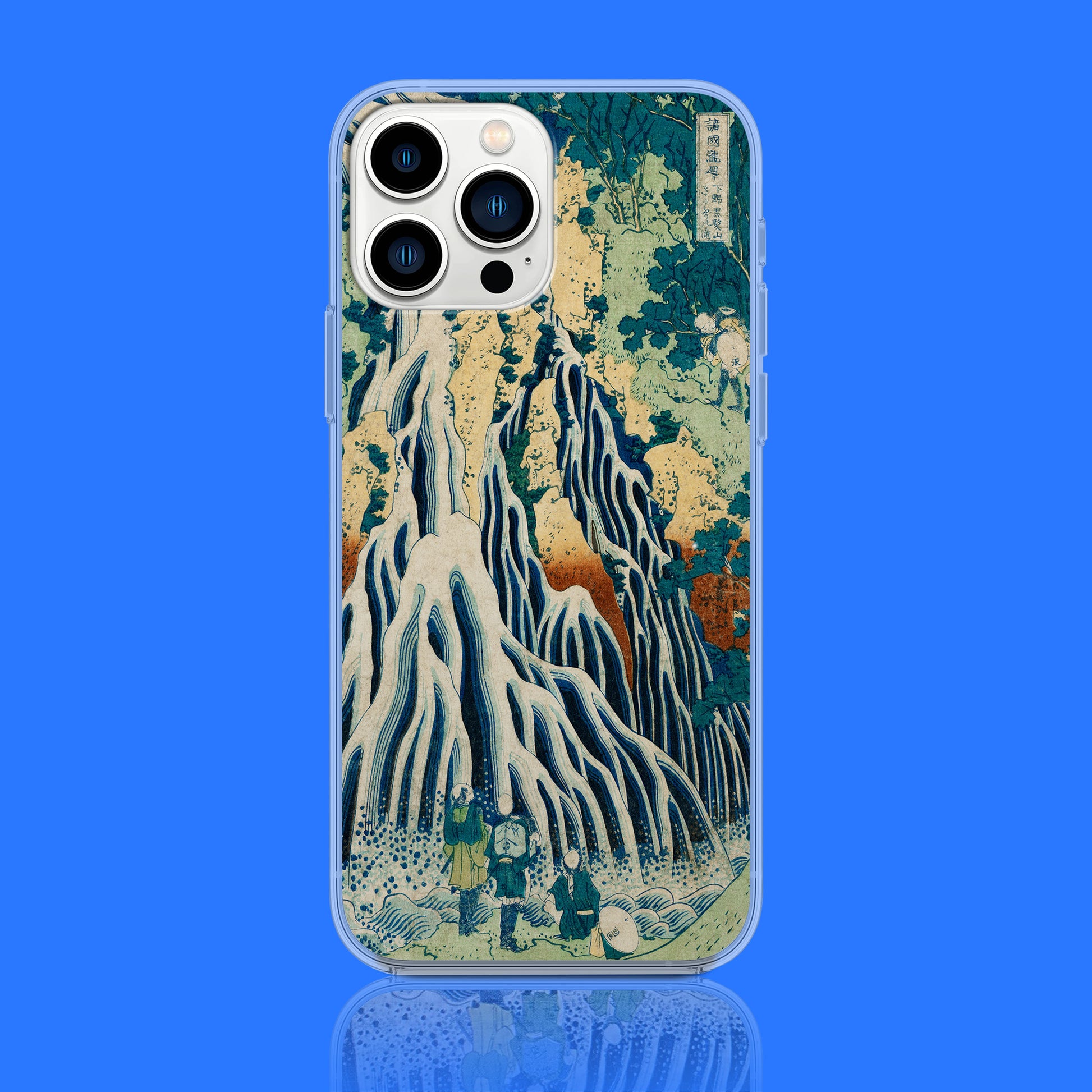 iPhone case featuring Katsushika Hokusai's "The Kirifuri Waterfall at Mt. Kurokami" Ukiyo-e woodblock print, showcasing the intricate details of the cascading water and figures.