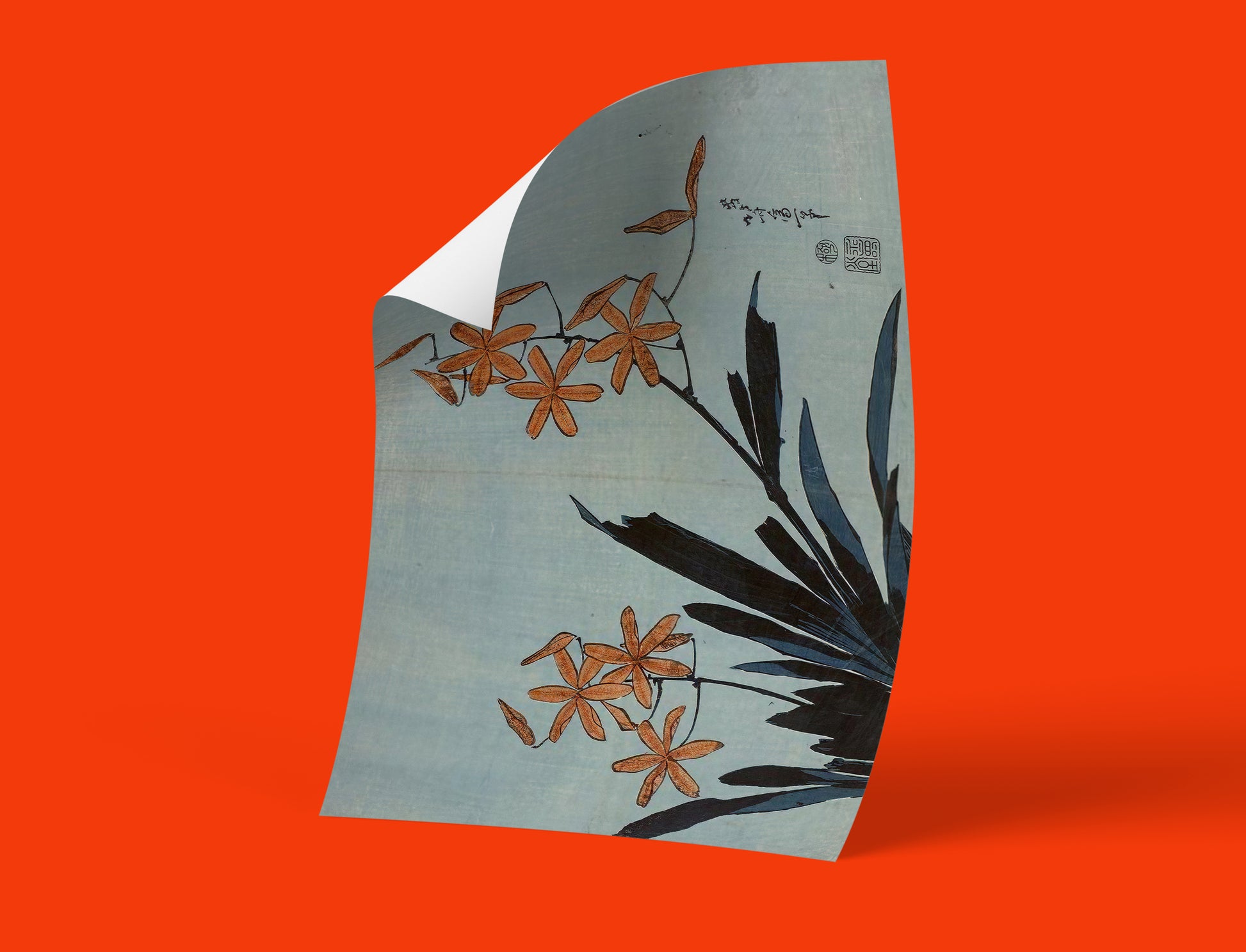 Museum quality Orange Orchids print by Hokusai, vintage Japanese flower art from untitled Large Flowers series, decorative wall art for modern interiors