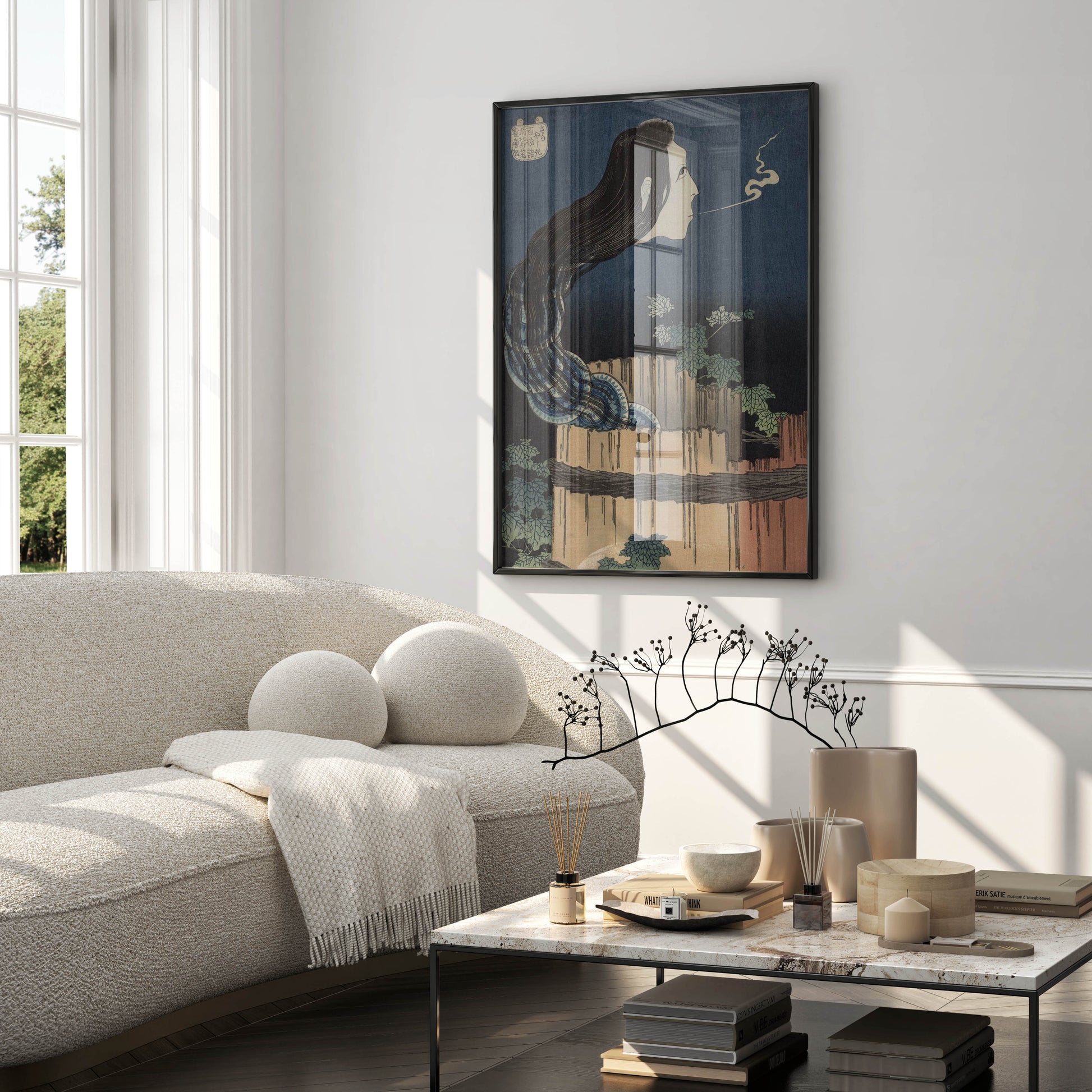 Hokusai supernatural art print featuring the ghost of Okiku against deep Prussian blue, from the rare One Hundred Tales series, fine art giclée print on 200gsm matte paper