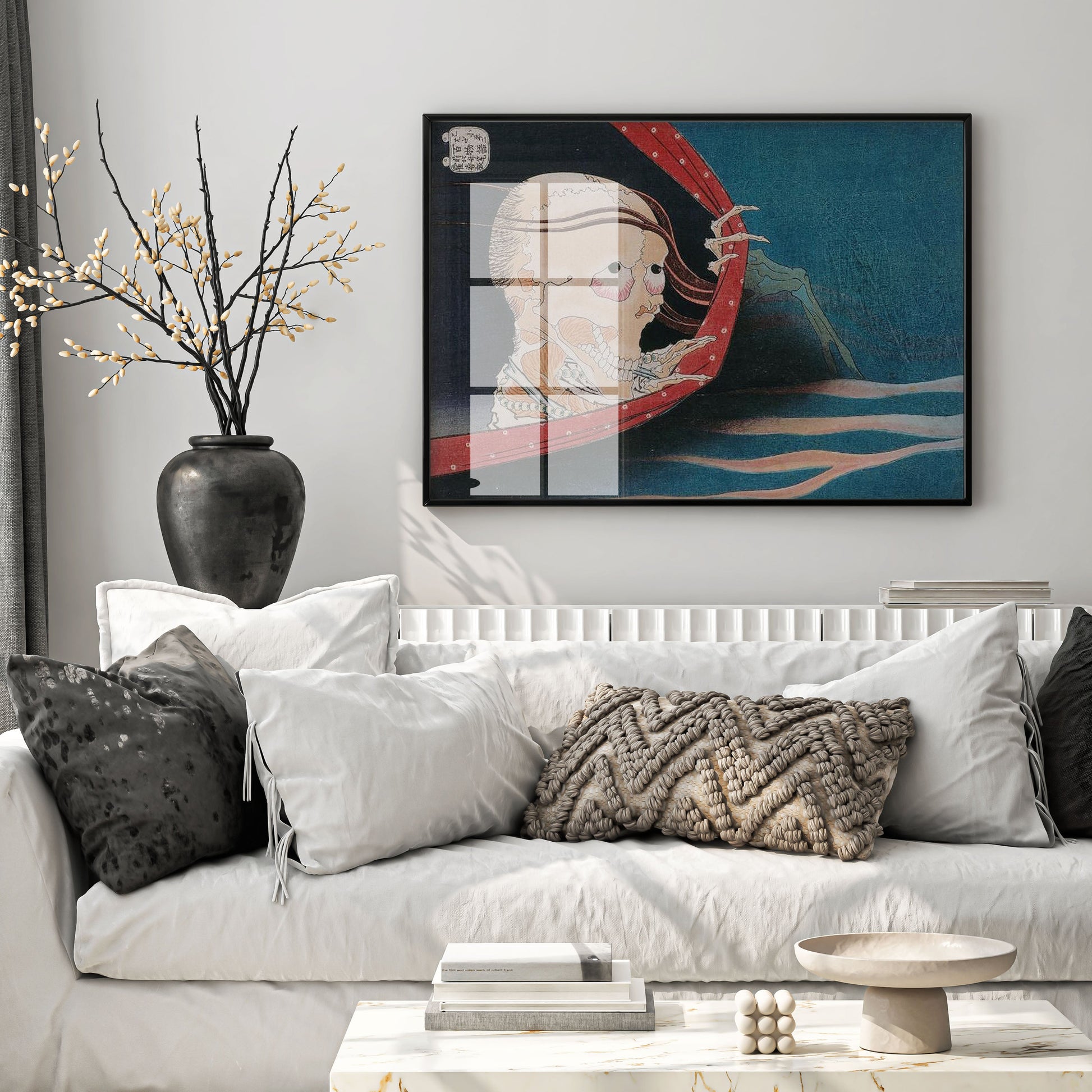 Framed Katsushika Hokusai The Phantom of Kohada Koheiji Japanese woodblock art print displayed as wall art in modern home interior, featuring ghostly skeletal figure peering through red mosquito netting, museum quality fine art reproduction in elegant frame