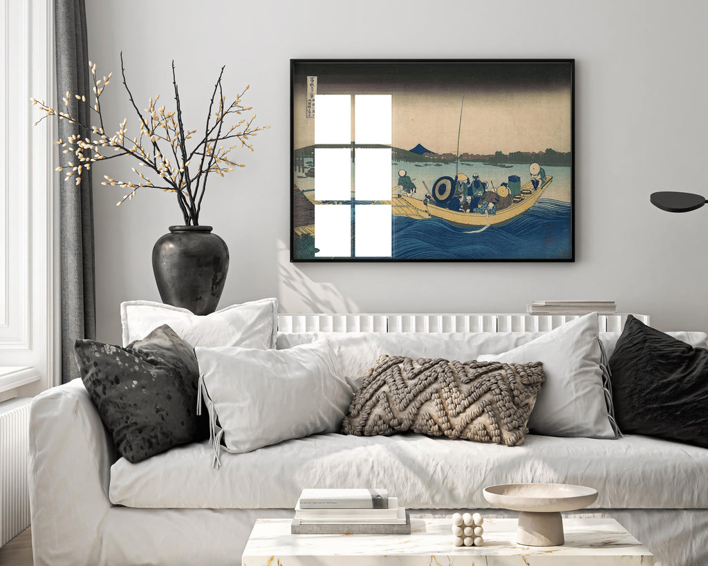 Hokusai Ryogoku Bridge sunset print elegantly framed as wall art in modern living room interior - premium Japanese home decor