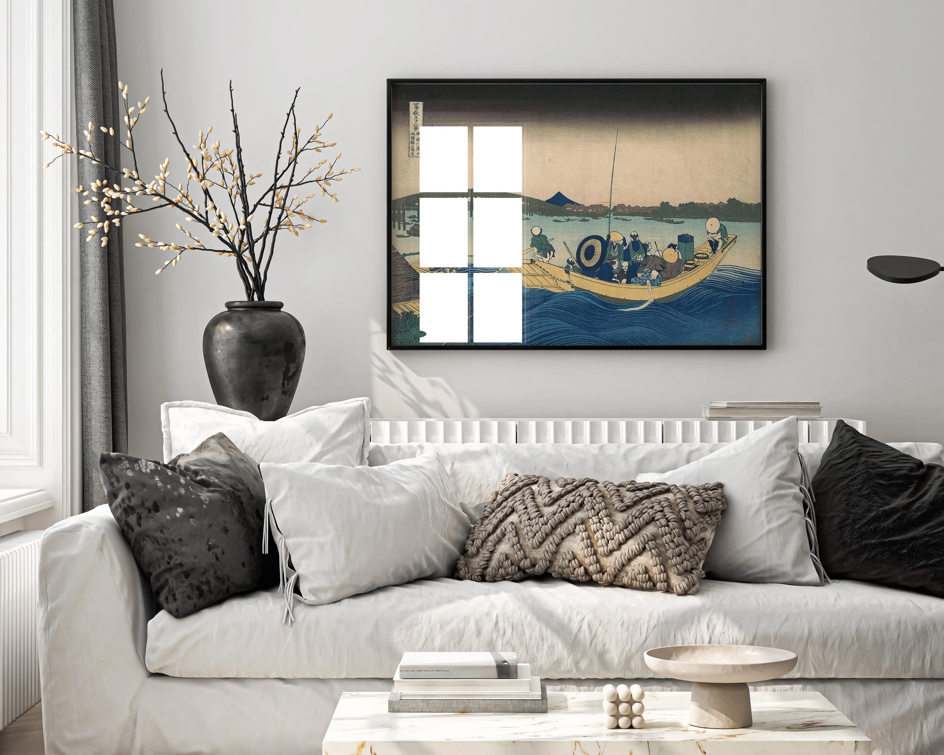 Hokusai Ryogoku Bridge sunset print elegantly framed as wall art in modern living room interior - premium Japanese home decor