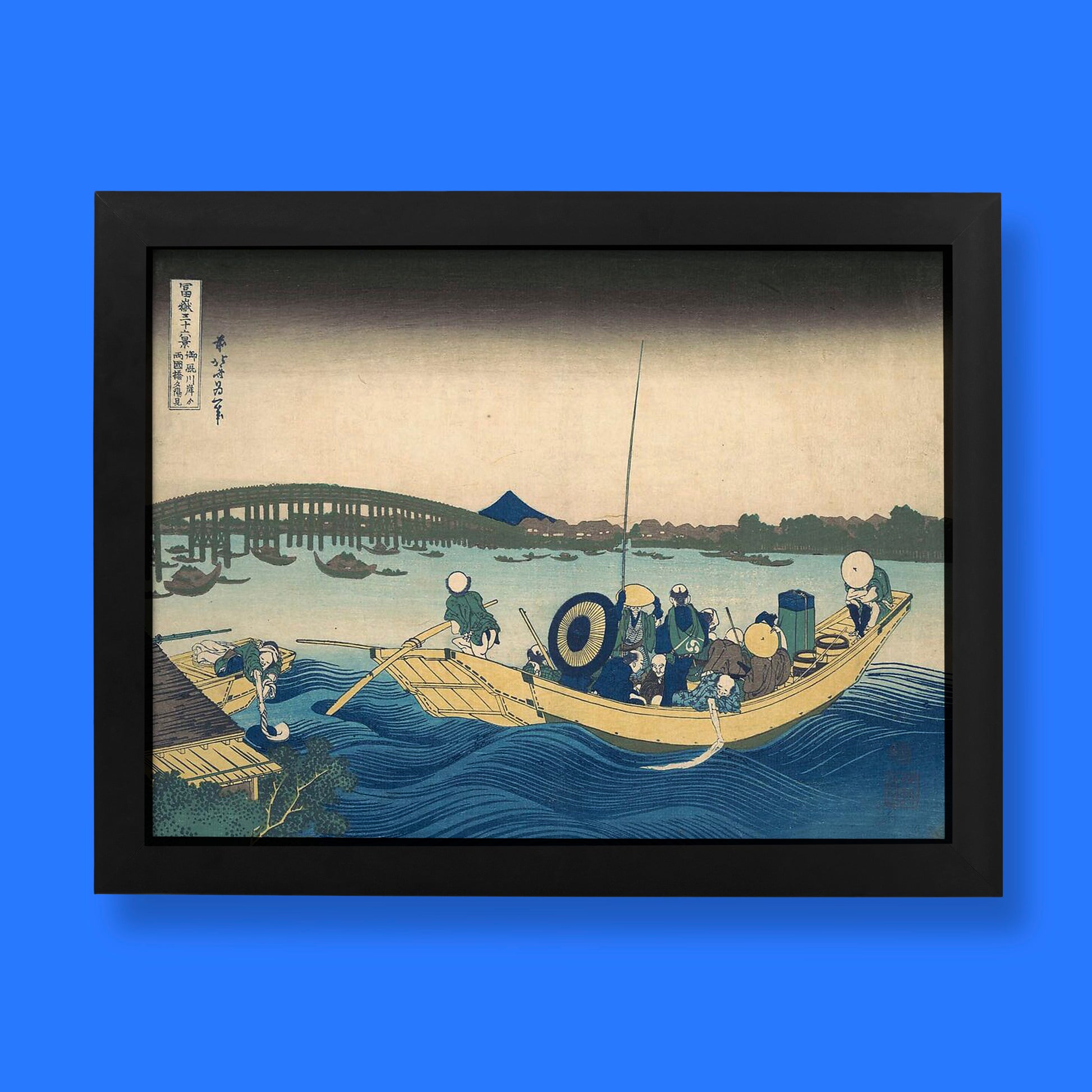 Hokusai Ryogoku Bridge sunset Japanese art print showing ferry passengers viewing Mount Fuji at dusk - premium wall art for home decor
