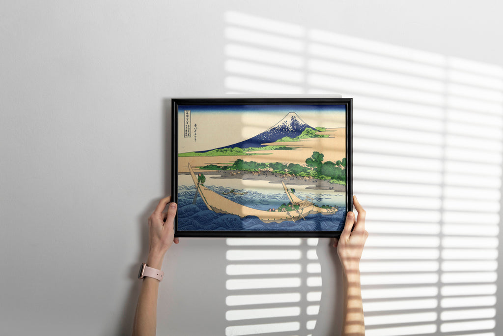 Framed Katsushika Hokusai Thirty-six Views of Mount Fuji art print on wall, Tago Bay fishing boats scene in gallery frame, premium Japanese wall art for interior design