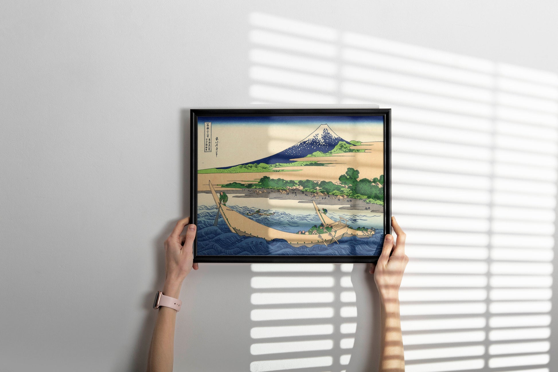 Framed Katsushika Hokusai Thirty-six Views of Mount Fuji art print on wall, Tago Bay fishing boats scene in gallery frame, premium Japanese wall art for interior design