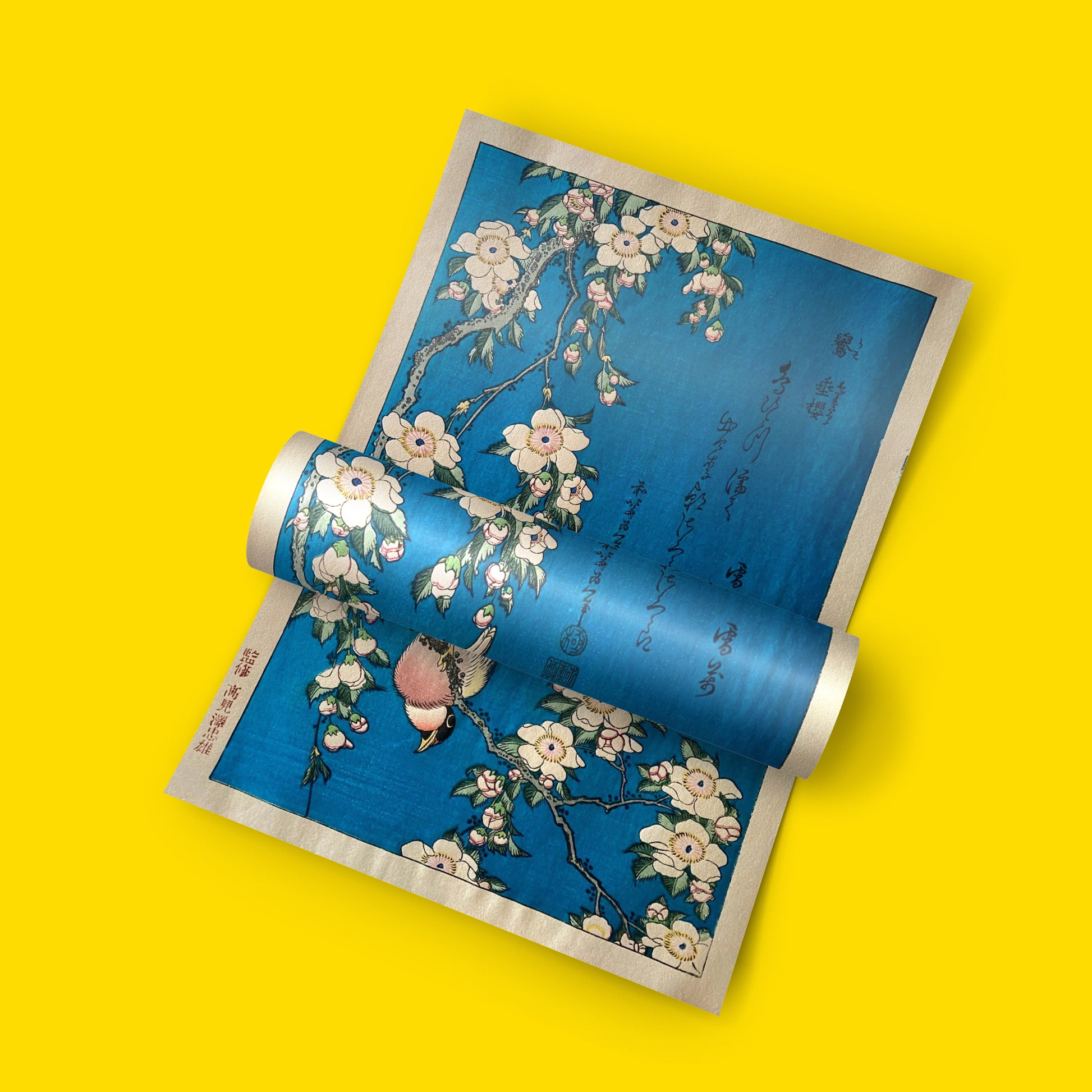 Kacho-e style bullfinch and weeping cherry print on a vivid blue background, classic Hokusai artwork