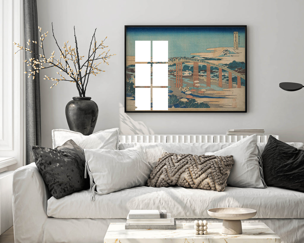 Framed Hokusai Yahagi Bridge Japanese art print displayed as elegant wall art in modern living room interior, showing premium quality home decor styling with traditional woodblock design