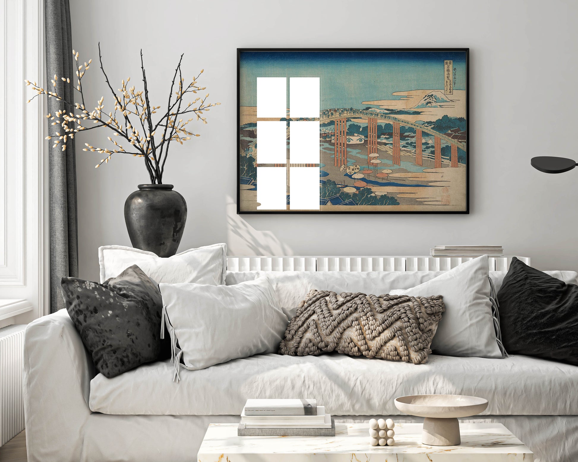 Framed Hokusai Yahagi Bridge Japanese art print displayed as elegant wall art in modern living room interior, showing premium quality home decor styling with traditional woodblock design