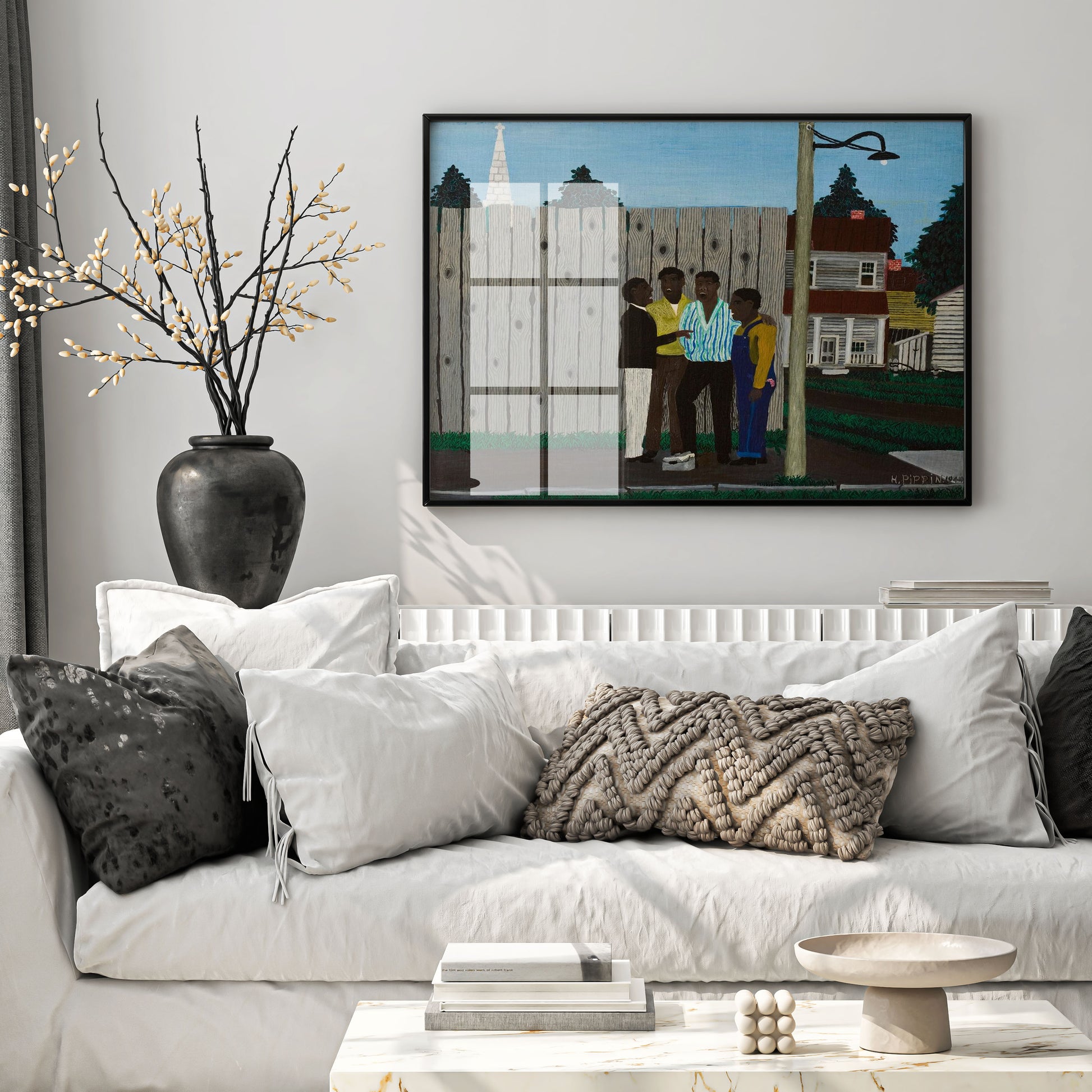 Horace Pippin street corner singing scene art poster, figurative American folk art print, framed wall art for home décor