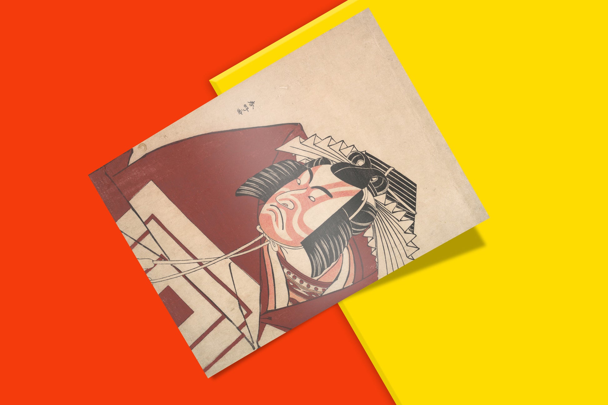 A vibrant reproduction of a historic Katsukawa Shunkō print of a Kabuki actor, highlighting the intricate details of the performance costume and makeup.