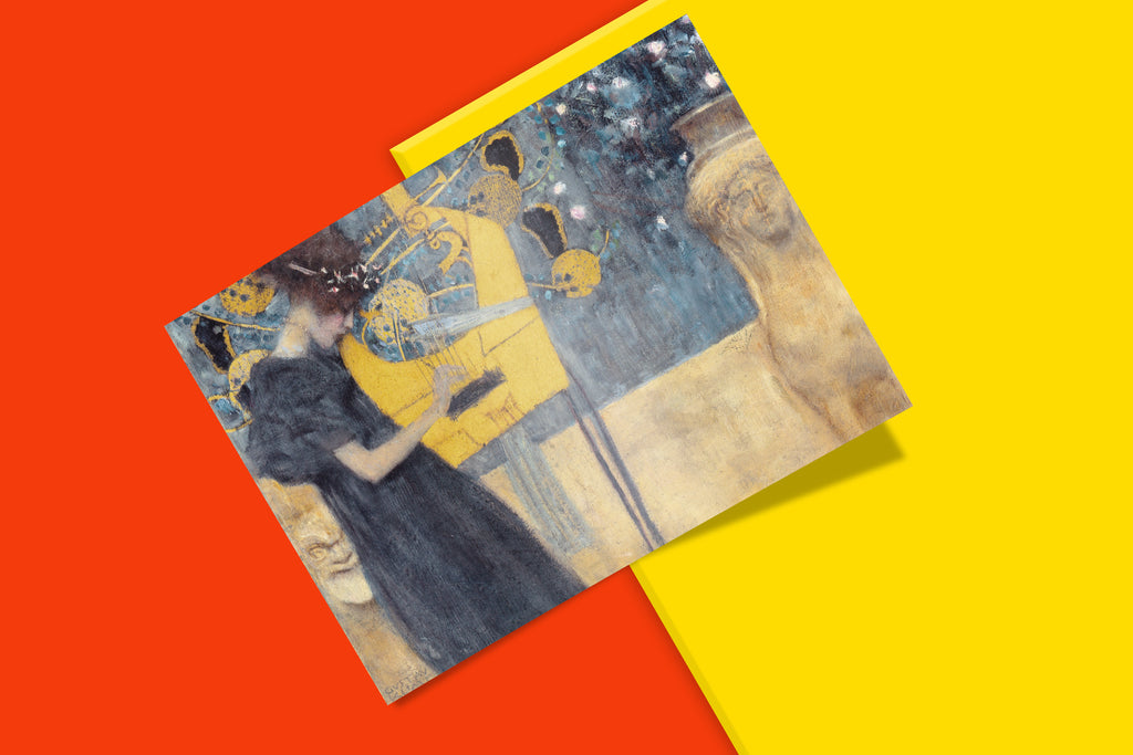 Decorative wall art featuring a premium print of Gustav Klimt's "Music," a key work from the Vienna Secession period with mythological influences.