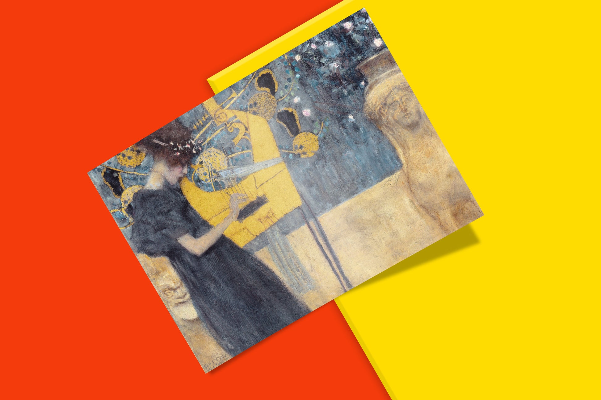 Decorative wall art featuring a premium print of Gustav Klimt's "Music," a key work from the Vienna Secession period with mythological influences.