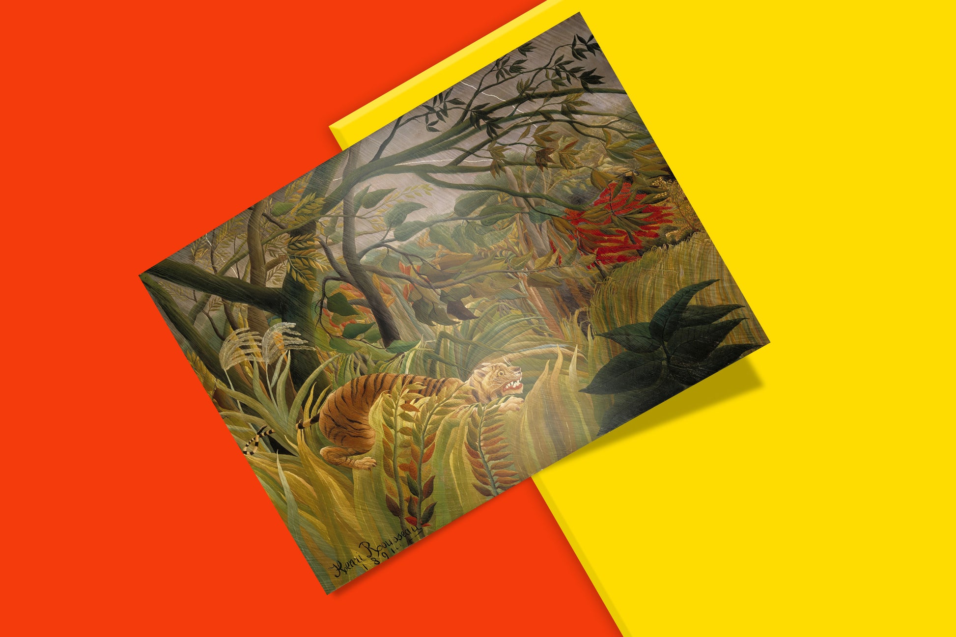 A high-definition giclée print of Henri Rousseau's "Tiger in a Tropical Storm (Surprised!)" painting, capturing the detail and colour vibrancy of the original masterpiece for fine art collectors.