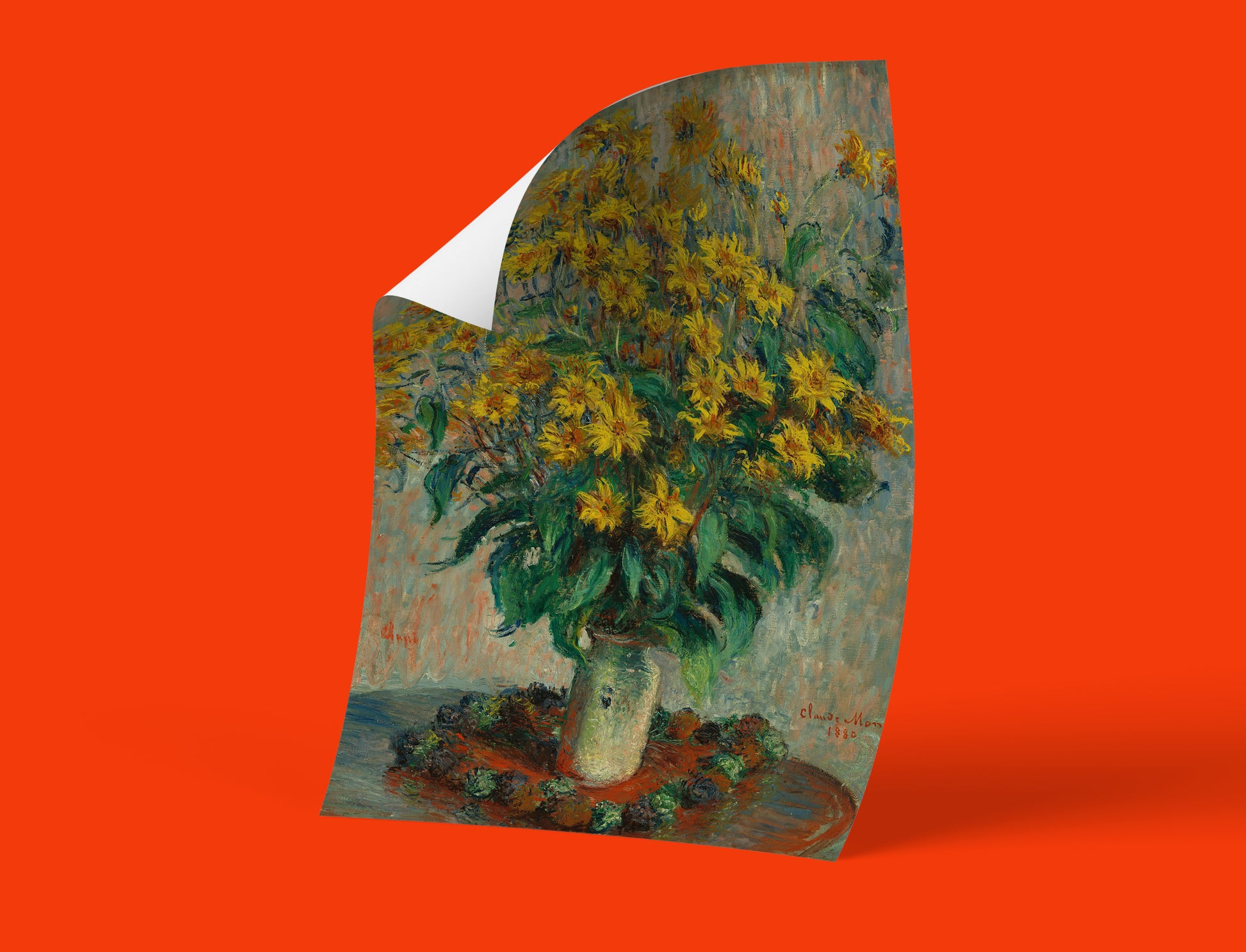 Vintage French impressionist art poster showing Monet's yellow flower bouquet still life, high-quality wall art print for living room, dining room or bedroom spaces